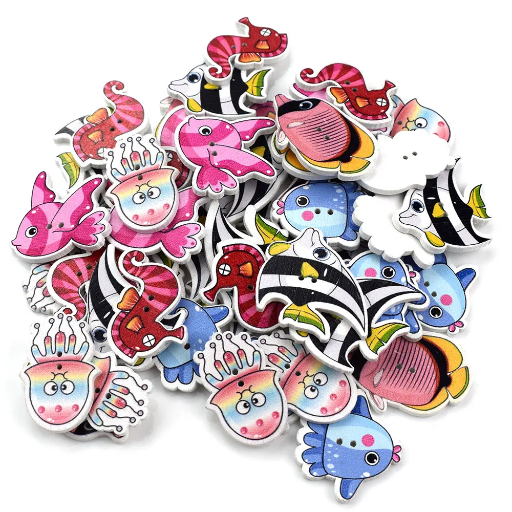 50PCS Mixed Fish Wooden Button - مراجعة Baby Clothing Sewing وسعره